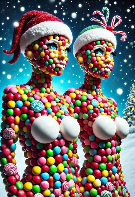 CHRC4ND7,  two Female Cyborgs with Santa hat, <lora:mrpcanrnet2:1> style of paint of mrp, mrph of a carnet mrpcanrnet2 with mrpdamier on (mrpvp), covered of mrpv,