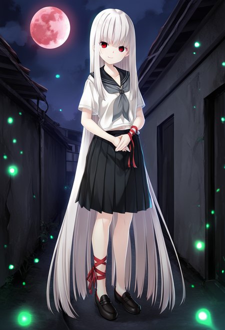masterpiece,best quality,amazing quality,absurdres,aesthetic,newest,
kagome \(haison\), 1girl, solo, 
head tilt, looking at viewer, closed mouth, white hair, absurdly long hair, straight hair, blunt bangs, sidelocks, 
red eyes,evil smile,standing on ground,own_hands_together, 
albino, collarbone, medium breasts, fingers, black sailor collar, grey neckerchief, white serafuku, short sleeves, midriff peek, black pleated skirt,single red wrist ribbon,single red ankle ribbon, gold jingle bells,loafers, full body, front view,
abandoned village,traditional japanese village,alley,fog,dark,horror_\(theme\), cloudy_sky, black_cloud,red moon,fireflies,
 <lora:kagome_noob_vpred10_v11:0.85>