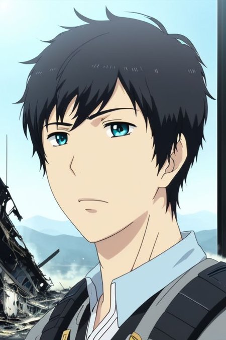 high resolution, solo, best quality, 1Boy, Arata Kaizaki, Portrait, Black Hair, Blue Eyes, dystopia, Plane Crash, OverallDetail