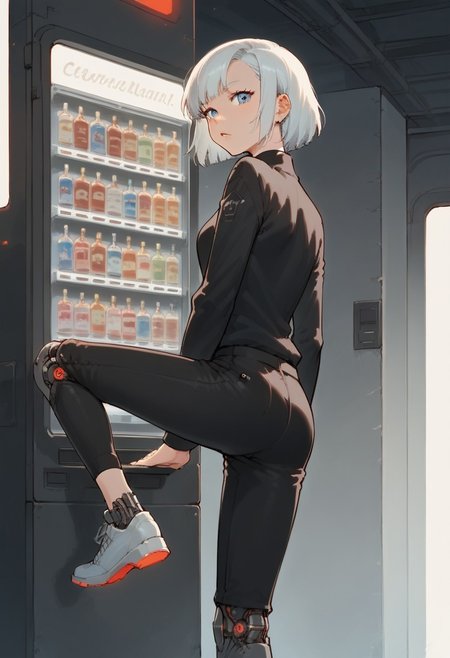 <lora:jihankiKickPony:0.7> jihanki kick, jihanki, vending machine, motion blur, 1girl, high quality, detailed eyes, anime, score_9,score_8_up,score_7_up, source_anime, anime,white hair,blue eyes,leg up,pants,back angle,
BREAK
robot, futuristic design, metallic shine, intricate detailing, sharp edges, mechanical joints, high-tech, cybernetic structure, industrial aesthetic, reflective metal surfaces, chrome finish, exposed circuits, LED lights, mechanical arms, robotic legs, complex gears, artificial intelligence, sleek design, advanced technology, high-resolution, precision engineering, robotic humanoid, industrial setting, cyberpunk atmosphere, polished metal, glowing accents, mechanical textures, hydraulic mechanisms, modern robotics, futuristic machinery, clean lines, technical complexity, industrial realism, sharp focus, cinematic lighting, advanced robotics.