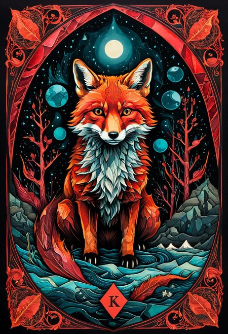 pen and ink, liquid ink, best quality, double exposure, vintage triadic red colors, "THE FOX" tarot card, eerie and detailed image, Craola, Dan Mumford, Andy Kehoe, 2d, plan, vintage, art in cracked paper, patchwork, detailed storybook illustration, cinematic, ultra highly detailed, mystical, luminism, vibrant colors, complex background<lora:xl_more_art-full_v1:0.5>