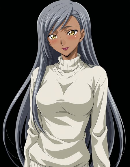 <lora:Villeta_Nu:1> villetta_nu, dark-skinned female, yellow eyes, grey hair, long hair, lipstick, hair down,
smile, cowboy shot, white sweater, blush,, 1girl, solo, simple black background, solid black background
