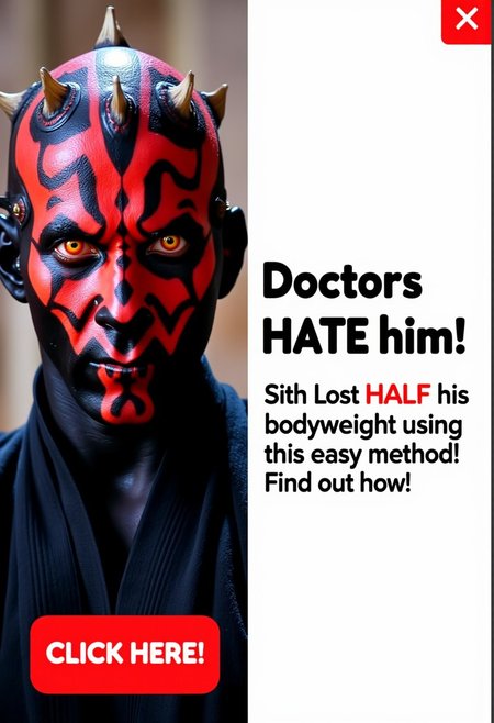 A pop-up ad with an X at the top  right corner. A two-panel image styled as a clickbait internet ad. The left panel shows Darth Maul from the waist up, looking directly at the viewer with his red and black facial markings, intense.. The right panel features a plain white background with bold, black text that says:
"Doctors HATE him!" underneath the text reads
"Sith Lost HALF his bodyweight using this easy method!
Find out how!"
At the bottom of the right panel, there’s a bold red button that says 'CLICK HERE!' in large, attention-grabbing font, creating a classic spammy pop-up ad look.
aidmatextimprover