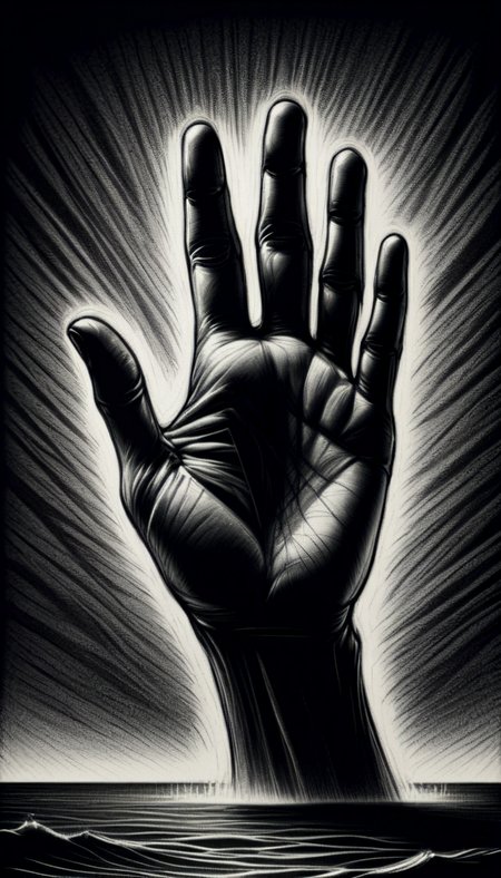 monochrome greyscale noise grainy dirty charcoal drawing of <lora:CharcoalDarkStyleXL:1>CharcoalDarkStyle a giant's hand reaching out from beneath the ocean dark black background black vignette