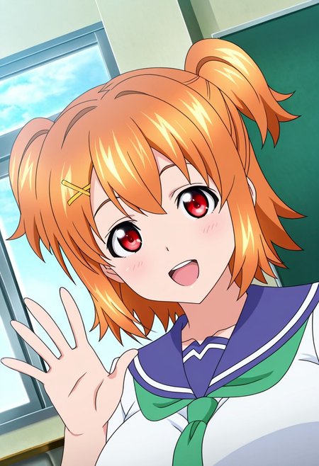 general,highres, ultra-detailed,very aesthetic,best quality ,best hands,best eyes,easynegative,
dynamic anglre, dutch angle, anime cloring,anime screencap,
1girl solo,looking at viewer,school, smile, open mouth, waving hand, 
Inaho KUSHIYA,orange hair, short_hair, short twintails, huge_breasts, red eyes, hairclip, serafuku,