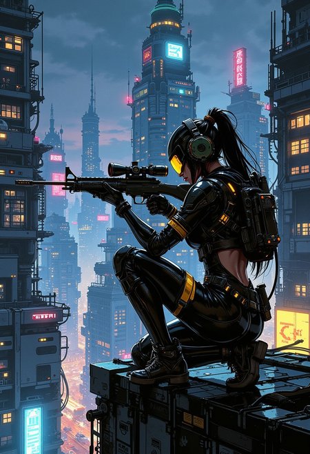 in the style of ck-mgs, A digital artwork in the style of cknc, silhouette of stunning oriental woman, long hair, wearing black bodysuit with yellow accents, helmet, holding sniper rifle, aiming rifle, kneeling on roof of sci-fi skyscraper at night against a backdrop of a neon-lit city, chiascuro, perfect hands