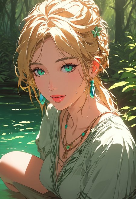 masterpiece,best quality, highly detailed, score_9, score_8_up, score_7_up, score_6_up, source_cartoon,
 BREAK
 1MILF, open eyes, angle, sweat, (motion lines:0.3), (motion blur:0.3),  partial nudity, mature female, housewife
 BREAK
 BREAK
(young woman:1.2), (druid:1.2), illustration, shag   medium blonde hair,  close-up portrait, (standing:0.9), full body, legs, loincloth, (sandals),  Oxford Gray (druid clothes), flower in hair, tassel earrings, celtic necklace, glossy lips, happy (smile:0.6), pretty beautiful, feminine, (nice lovely,adorable cute:0.8), sexy, (in love romantic loving:0.8), fantasy, (beautiful celtic landscape:0.9), (very detailed:1.2), (best quality:1.2), sharp focus, (big rocks:0.9), (moss:0.4), (ripples, reflections:0.8), celtic  castle, (small river small pond:0.5), druid forest, (druid village:1.2), (stunning nature environment:0.8) , (enchanted land:0.5), bright (sunny sky), (sunset:0.3), high contrast, natural light, backlight, shadows, (lens flare:0.4), (vibrant colors, colorful):0.6, clovers, (Hunter Green flowers:0.9), leaves, 
dynamic light, warm_light, vibrant colors warm_colors, soft focus, high contrast, textured surfaces, depth of field, golden hour lighting, dramatic shadows, rich details, nature-inspired color palette, playful composition.
,dynamic angle,dynamic light,background,