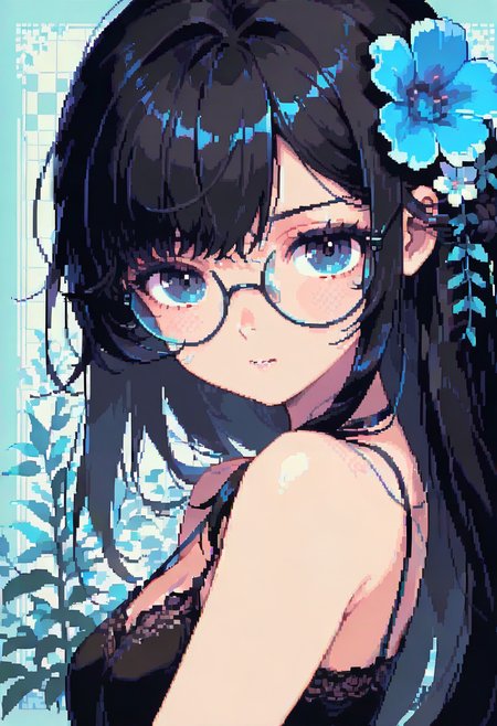 dpa,pixel art, 1girl, solo, glasses, black hair, long hair, hair ornament, flower, looking at viewer, upper body, hair flower, bangs