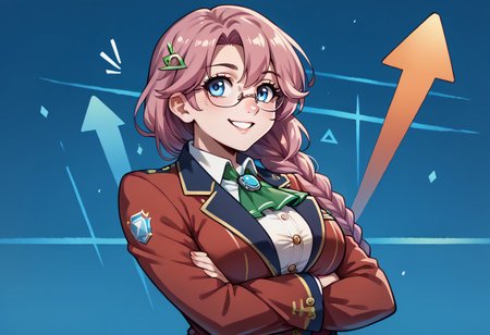 score_9, score_8_up, score_7_up, 1girl, stonks, arrow (symbol), crossed arms, formal, smile, upper body, blue background, <lora:StonksMeme_pdxl_Incrs_v1:1.2>, looking to the side,   emmathors, ascot, blue eyes, braided ponytail, breasts, glasses, loafers, long hair, pink hair, pleated skirt, red jacket, single braid, thighhighs, white shirt, large breasts, <lora:emma-rebake3:0.9>, green skirt