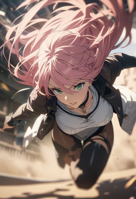 1woman, solo,  long hair, pink hair, black choker, green eyes, eyeliner,  gorgeous lips, cinematic, (masterpiece), (best quality), (ultra-detailed), very aesthetic, illustration, perfect composition, intricate details, absurdres, detailed face, hipattack, jumping, motion blur, depth of field, (anime, masterpiece, intricate:1.3), (best quality, hires textures, high detail:1.2), (4k),(incredibly detailed:1.4) white T-shirt with a deep neckline