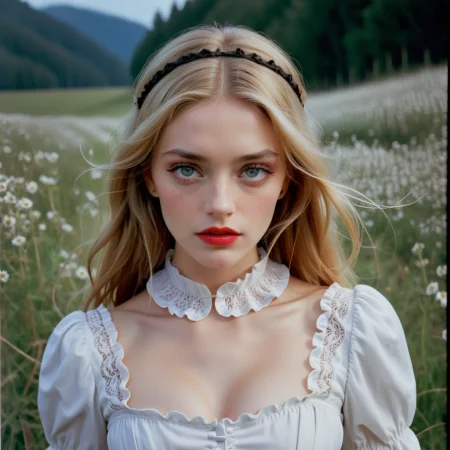 woman that radiates both sophistication and warmth, outside in field of wildflowers, very long blonde hair, white neck ruffle collar, white lace panty, high heels, thigh highs, blung bangs, black mascara, black eyeliner, red glossy lipstick, red blushing cheeks,, peter lindbergh, tim walker, richard avedon, Irving Penn, alexander mcqueen, steven klein, steven meisel, highly detailed, high budget, cinemascope, 35mm film, stained, epic, sharp focus, film grain, grainy, 4ng3l face, eiglrmakeup,
<lora:SDXL_BetterFaces-LoRA_v1:.3>
<lora:EGirlMakeup_XL:.25>
<lora:add-detail-xl:1> <lora:c41_zenit_kodakgold_SDXL:1>