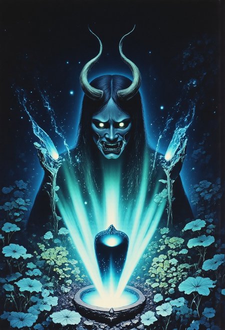 ArsMovieStill, movie still from a 1970s horror movie Studio Ghibli Dark Fairytale depicting a cursed hannya mask with horns and fangs blooming out of a blue lotus in a liminal bonsai garden with eerie radiating cyan and magenta miasma satyr