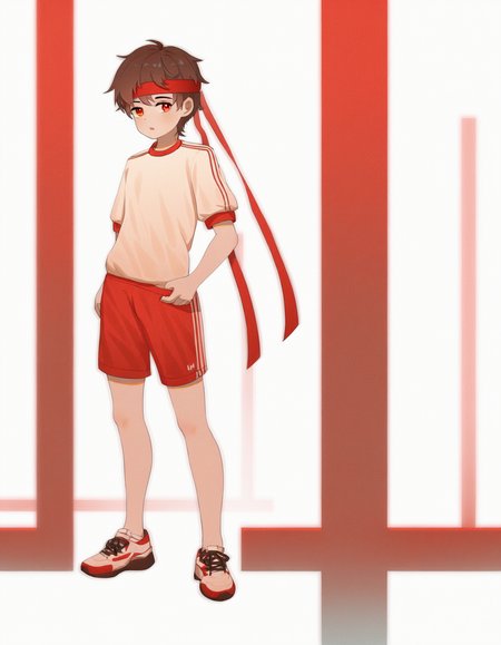 best quality, good quality, white background, film grain, luye-style, luye-flat, muted color, full body, 1boy, brown hair, red eyes, gym uniform, red shorts, red headband, standing, sneakers <lora:luye-yuan_naXL_v3c-ShoAI:1>