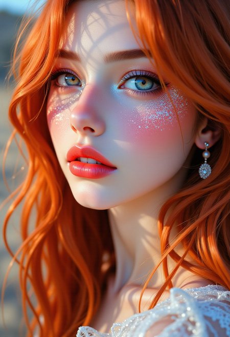 Photorealistic digital painting of an ethereal woman with long flowing red hair,  a porcelain-like, extremely pale complexion and natural warm blush on her cheeks. She has blush-toned eyeshadow and delicate, ethereal facial features. Her face is adorned with a scattering of glitter.  The artwork is highly detailed, with a soft, realistic lighting style that enhances the warm undertones in her skin.