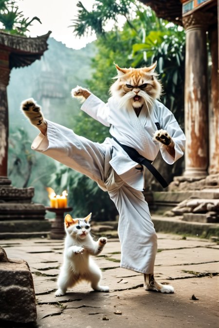 blurred background, realistic, stuning effects, detailed, cinematic, funny face freaky angry old cat with enormous eyes, white beard, showing karate moves to kitten, ancient broken temple with vegetation in it, candles on the ground, <lora:MJ52:0.3>