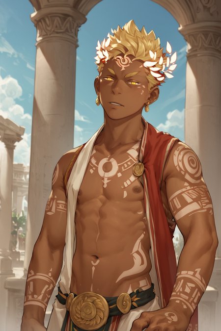 score_9, score_8_up, score_7_up,  1boy,  <lora:Apollo_Mentaiko:0.8>, solo, Apollo, blonde hair, multicolor hair, yellow eyes, blonde eyebrows, [dark skin],  earrings, greek clothes, open clothes, ancient greek clothes, tattoo, laurel crown, glowing eyes, standing, looking at viewer, outdoors, sky, <lora:add-detail-xl:1.2>,  <lora:OtherStyle_01:0.8>