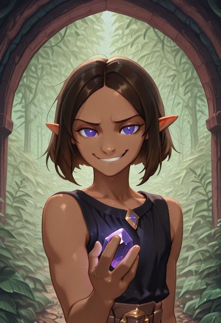 1 Lapanya, solo, Repeta, violet eyes, black sleeveless top,
Grinning, lowered eyebrows, curious expression,
Holding purple gemstone in one hand, 4-sided gemstone, small gemstone,
organic cavern background, 
Medieval style, Smooth colors, detailed eyes, clean lines, high quality, best quality, masterpiece, rating: safe, source: anime,