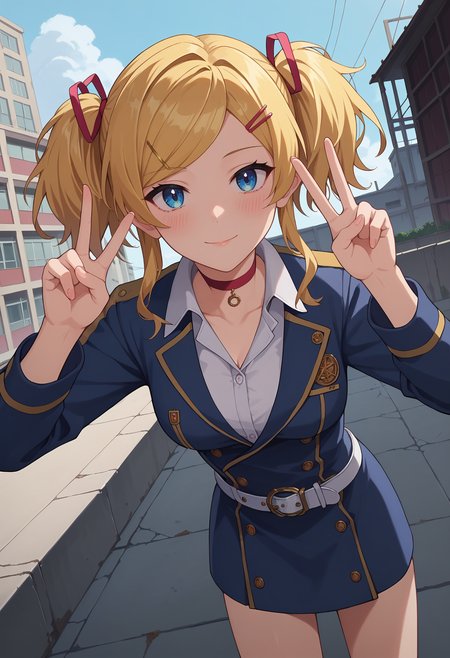 score_9, score_8_up, score_7_up, anime screencap, source_anime, 1girl, solo,
<lora:Rika_Inoue_Seraph_of_the_End_V1:.85>, KJOrika, blonde hair, twintails, blue eyes, swept bangs, hairclip, 
collared shirt, jacket, medium sleeves, choker, white belt,
light smile, blush, looking at viewer, leaning forward, double peace sign, dutch angle, 
abandoned building, ruined city, rooftop, outdoors,
(Beautiful, medium Breasts:1.2),