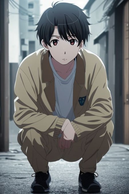high resolution, solo, best quality, 1Boy, Inaho Kaizuka, Black Hair, lofi, candid, squat, depth of field, photo model, looking at viewer, OverallDetail