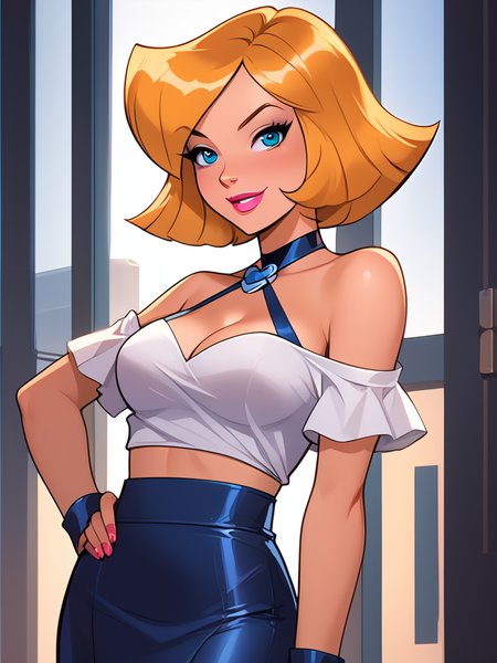 score_6, score_8_up BREAK, masterpiece, perfect face, perfect hands, high quality, (1girl, solo,) lipstick, makeup,  <lora:EnvyPonySeductress01a:1> seductive, cleavage, large breasts, bare shoulders, off-shoulder croptop, bare midriff, micro skirt, <lora:brj-tapedlipsXL-pony-v1:1> clover \(totally spies\), blonde hair, short hair, blue eyes,