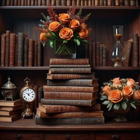 Ultra realistic full body color pencil drawn portrait of  
a stack of hardcover antique books with an hour-glass on top of the books, which is half done. Also a bouquet of dried flowers next to the books..
BREAK
Deep dark intense mahogany misty  background,
Dark theme, dynamic lighting, (soft shadows), (soft focus),  (photo realistic), uhd, 8k