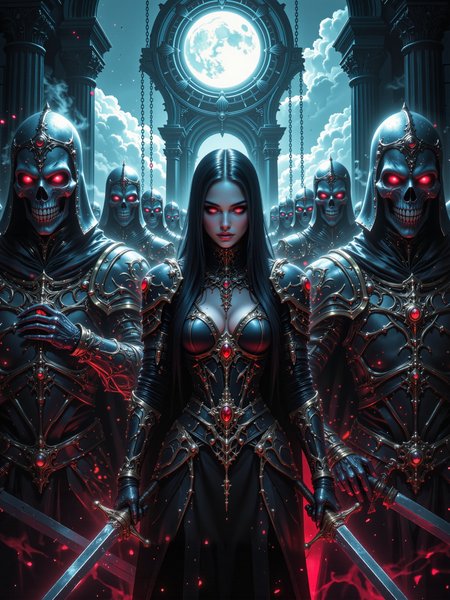 famous artwork, masterwork hyper-realistic dark fantasy image, heavily inspired by gothic and supernatural themes, a stunning female necromancer stands at the center of a grand, darkened scene, her long, flowing black hair catches the faint light as it spills from a cloud-shrouded full moon, her moonlit perfect pale skin contrasts against the dark background and her red eyes gleam with unholy intensity,  projecting an air of danger and supernatural power, in the background, an ancient gothic archway looms high above, with heavy chains dangling into the fog, beyond it the sky swirls with stormy clouds, moonlight piercing through in dramatic shafts, the full moon casts a ghostly illumination across the gathering, enhancing the supernatural tension in the air, the necromancer wears a sumptuous black velvet dress with a plunging neckline and intricate gold and black detailing, her high collar rises sharply, adding an aristocratic air, and her long black gloves extend up her arms like armor, blending elegance with menace, surrounding her are towering skeletal knights clad in heavy ornate armor, their eyes burn with the same red glow as their mistress's, they stand in formation like revenants returned from forgotten wars, weapons at their sides, ready to march, the foreground is dark and mist-laced, the ground beneath them cracked and lifeless, fine textures of bone, velvet, and weathered steel are highlighted by selective lighting that creates stark contrasts between light and shadow, camera angle is frontal and symmetrical, low mid-range, evoking a sense of confrontation and reverence, emphasizing the height and unnatural order of the skeletal legion, and drawing the viewerâs gaze directly to the necromancer's glowing eyes, lighting is gothic and dramatic, a high-contrast mix of cold moonlight and the infernal red glow from undead eyes, with ambient shadows cloaking the edges of the frame, creating a chiaroscuro effect that heightens the eerie grandeur, rendered as a masterwork digital painting with a high aesthetic finish, painterly textures, baroque-inspired clothing design, atmospheric effects such as mist and moonlit fog, ovg, evil-lyn, hkdeath, <lora:evil-lyn-masters_of_the_universe-flux-by_cthulhu11:0.88> <lora:living_death-flux-by_hailoknight:0.76>