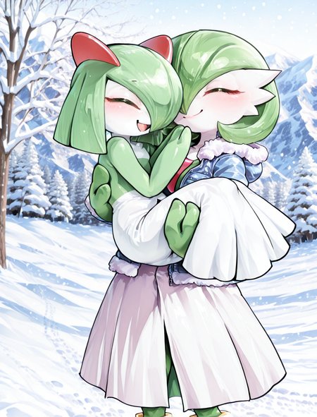 (2girls:1.5), (general:1.3), (detailed background:1.5), <lora:CoutureCraze_IXL:1> C0utur3Cr4z3, snow, mountain, tree, snowing, happy, footprints, holding hands, height difference, (princess carry:1.3), BREAK
<lora:Gardevoir_-_V3_Natural:1> (((gardevoir))), female, Anthro, ((pale white skin)), coat, fur-trimmed coat, long skirt, long boots, gloves, BREAK
<lora:Kirlia_-_IL_Version:1> (((Kirlia))), female, anthro, jacket, hooded jacket, fur-trimmed jacket, rubber boots, mittens, smile, closed eyes, BREAK
dramatic shadows, cinematic lighting, (photo background:1.1), Neromashin_Style_SKNSFW, P3ng01nd00, S0d3v111111m0, (8K resolution:1.2), (masterpiece:1.2), best quality, amazing quality, very aesthetic, absurdres, newest, (ultra detailed:1.3), (uhd:1.1), <lora:ishikeXLillokrV53P1T1:0.5> <lora:AIã¤ã©ã¹ããããã_style_illustrious_goofy:0.5> <lora:ahemaru_777:0.65> <lora:Neromashin_Style_SKNSFW:0.55> <lora:Penguindou:0.35> <lora:Sodeviiiiiimu_Style:0.4> <lora:cfg_scale_boost:0.7> <lora:Smooth_Booster_v2:0.5> <lora:StS-Illustrious-Detail-Slider-v1.0:3.0> BREAK
