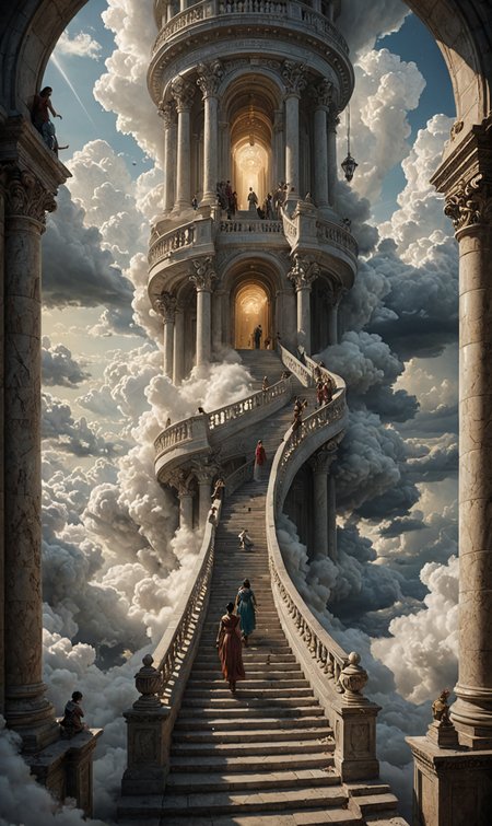 A surreal depiction of the quest for equality, represented by a vast, ((endless staircase winding through the clouds)), with diverse people climbing together toward a shining, elusive doorway at the top. The scene blends elements of fantasy and reality, with barriers along the path symbolizing various social obstacles. The mood is hopeful yet challenging, with ethereal lighting and symbolic motifs scattered throughout.  <lora:add-detail-xl:1>