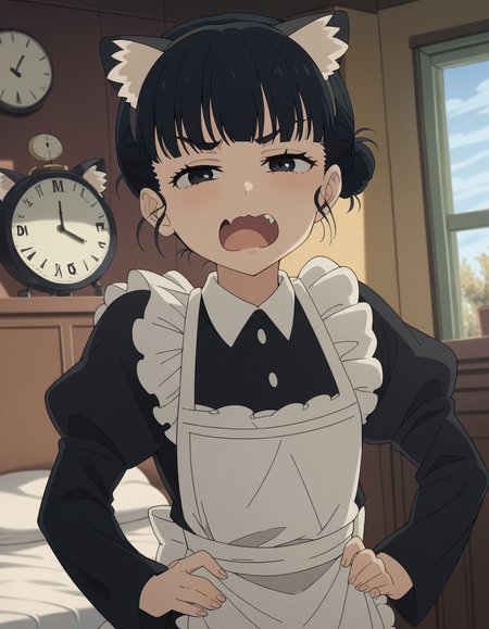score_9, score_8_up, score_7_up, source_anime, <lora:tiara-basori-s1-ponyxl-lora-nochekaiser:1>, tiara basori, bangs, black hair, hair bun, black eyes, single hair bun,, skirt, long sleeves, animal ears, puffy sleeves, cat ears, apron, black dress, maid, fake animal ears, juliet sleeves, maid apron, bedroom, alarm clock, morning routine, yawning, stretching, on bed,, , looking at viewer, smug, hands on hips,, solo,, cowboy shot, dutch angle
