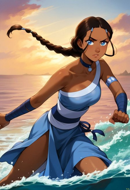 score_9, score_8_up, score_7_up, <lora:katara-book2-ponyxl-lora-nochekaiser:1>, katara, long hair, blue eyes, brown hair, black hair, hair ornament, hairclip, braid, single braid, braided ponytail, dark skin, dark-skinned female, medium breasts, katara, solo, long_hair, breasts, black_hair, large_breasts, gloves, dress, dark_skin, flat_chest, dark-skinned_female, bare_shoulders, very_long_hair, blue_eyes, collarbone, choker, elbow_gloves blue_dress, photo, real, realistic, analog style, 
fighting stance, action pose, water, ocean, waves, dramatic lighting, cinematic
