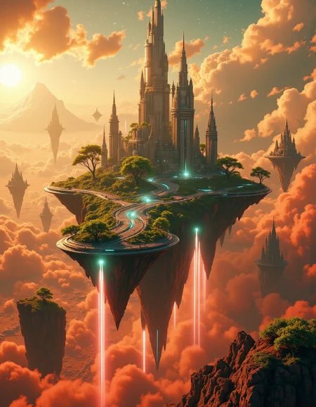 Suspended in the vast expanse of space, a mesmerizing chain of islands drifts serenely in orbit around the red planet, Mars. Each island hovers at a different altitude, their surfaces adorned with lush, emerald foliage that flourishes beneath the glimmering force fields enveloping them like protective shields. The shimmering barriers ripple like liquid light, refracting the harsh glow of distant stars and painting the sky with an ethereal iridescence.
Expansive land bridges connect these celestial wonders, their structures crafted from advanced alloys that gleam under the golden radiance of a nearby sun. Towering skyscrapers, sleek and futuristic, rise like monolithic sentinels from the dense greenery, their crystalline facades pulsing with streams of neon energy. Some seem to touch the heavens, their uppermost floors disappearing into the wisps of cosmic mist that swirl around them.
Above and below, sleek shuttles weave through the intricate pathways of this orbital oasis, descending gracefully toward the Martian surface in choreographed arcs of propulsion and light. Each craft leaves behind a faint, luminescent trail as it navigates through the shimmering force fields, vanishing into the crimson haze that blankets the planet below. The scene is a breathtaking fusion of sci-fi wonder and mystical grandeur, rendered in stunning 8K detail with the magic of Unreal Engine, Octane Render, and the unparalleled realism of ray tracing. It is a vision of a world where technology and fantasy entwine, suspended in the cosmos like an artistâs dream brought to life. <lora:Flux_Detailer_v3:0.8> Jeddtlv3 <lora:Test:0.8> n1t3_du5t