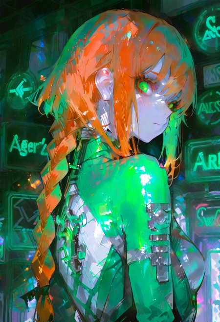 masterpiece, best quality, good quality, very aesthetic, absurdres, newest, english text, text focus, text, neon sign, glow, DO ANDROIDS DREAM OF BUZZ? (text), a dramatic extreme close-up of a woman's eyes, intense, looking back over her shoulder, emotional atmosphere, beautiful surprised woman, looking at viewer, (alert), (((pale skin))), orange hair, freckles, long braided hair, big green eyes, glowing green eyes, blacklight, (((skin-tight jumpsuit))), ((cybernetics)), ((fishnet clothing)), limited palette, colorful bokeh, blurred background, 748cmstyle, usnr