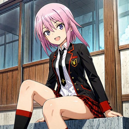 shiny skin,,1girl,,solo, score_9, score_8_up, score_7_up, source_anime,anime screencap,:d,smile,shimada fumikane (style),official costume,yotsuyu,pink hair,full,ashihara_h,black jacket,open jacket,black necktie,untucked_shirt,plaid skirt,black socks,brown loafer,ng_deepnegative_v1_75t,an14