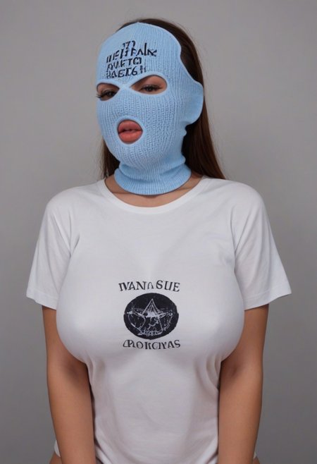 (Sexy busty) woman with (enormous breasts)+++ (in mask)+++ (large t-shirt)+++