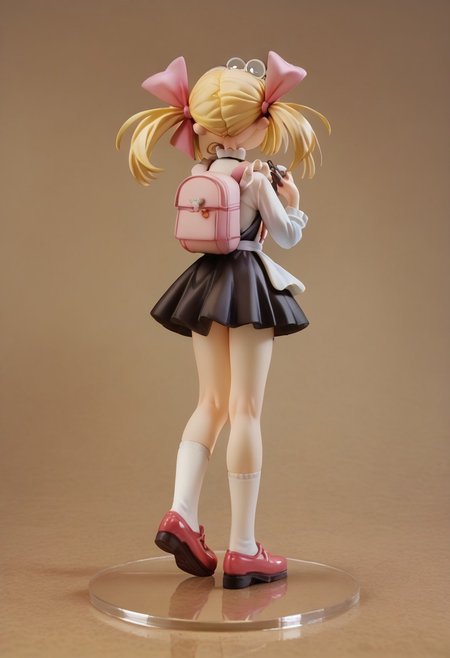 score_9, score_8_up, score_7_up, score_6_up, 1girl, solo, furled brow,  , <lora:tst:0.7> blonde hair, twintails with pink bows, round glasses, black short minidress, white apron, shoes with white socks <lora:Boli_Style:1> Boli, 3xt3nd3dupsk1rt,extended , backpack, from behind