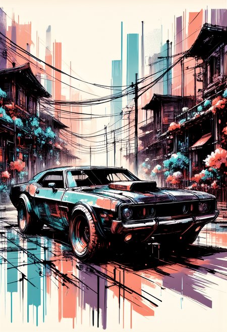 loose vector sketch of a grunge scene with muscle car. The car is parked on an empty, gritty urban street. The car is depicted with bold black outlines and colorful intricate details, capturing the powerful, rugged design with a vintage feel. The background features old, run-down buildings adorned by flowers and telephone poles, conveying an industrial and deserted atmosphere and is displayed in ink stains in shades of pink and violet. The illustration combines comic book style elements with ink wash techniques, giving the artwork a raw, expressive feel. Whole image is adorned with faded ink stains and frame, textured, distressed, vintage