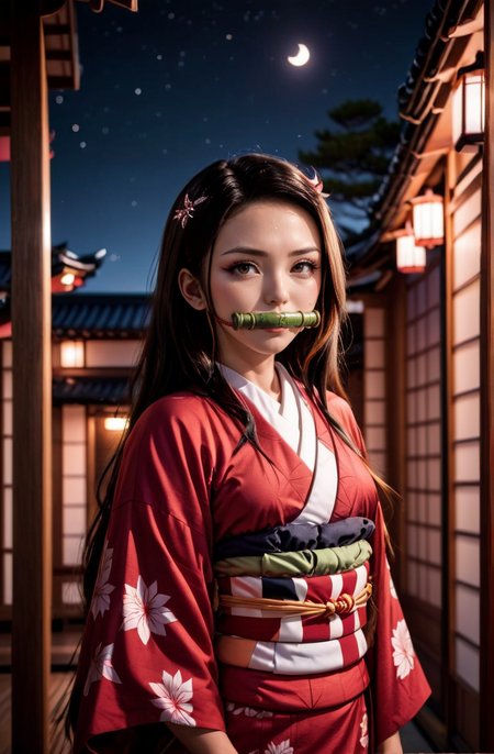 cinematic photo of highres,sidelight,22yo,blurry background,
1girl,<lora:Nezuko_XL_0_-000005:1>,kamado nezuko,gag,gagged,(bit_gag:1.2),mouth_hold,moon and starry sky,kimono,looking at viewer,, 35mm photograph, film, bokeh, professional, 4k, highly detailed