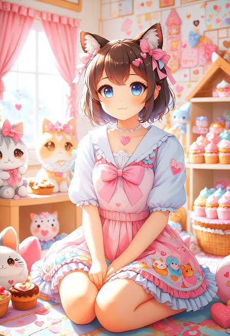 woman in Nekopara-inspired anime style, in Nekopara-themed outfit, sitting in a cat-filled room with heart-shaped cat ears on head, surrounded by desserts,  with Nekopara traits, such as cat ears and tail, soft pastel colors, kawaii aesthetic, trendsetting, chibi-styled illustration, watercolor painting, whimsical atmosphere <lora:RMSDXL_Creative:0.30>, <lora:SDXLFaeTastic2400:0.3>, <lora:MJ52:0.6>,