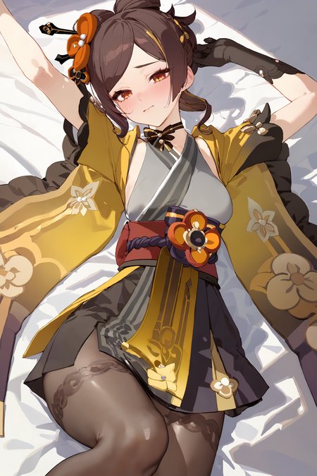 masterpiece, best quality, perfect features, intricate details, ray tracing, newest,(hitenkei, askzy:0.4), 1girl, chiori \(genshin impact\), solo, elbow gloves, hair ornament, short kimono, print pantyhose, sash, wide sleeves, ribbon choker, cowboy shot, lying, bed sheet, looking at viewer, shy, blush, wavy mouth, arms up, blush <lora:Char-Genshin-Chiori-XL-V1:0.9>  <lora:quality1:0:hr=1>