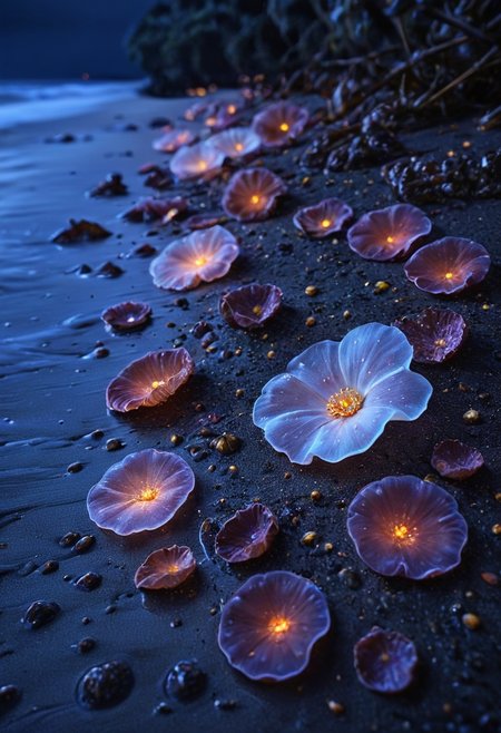 cs-cr1stal-v2, 
A cosmic beach at twilight, Dutch still life painting, exquisite realism, rich dark background, vibrant flowers, intricate details, natural textures, delicate petals, soft lighting, luxurious objects, Baroque elegance, harmonious composition, fallen leaves and petals, subtle symbolism, rich color contrasts, timeless and refined beauty