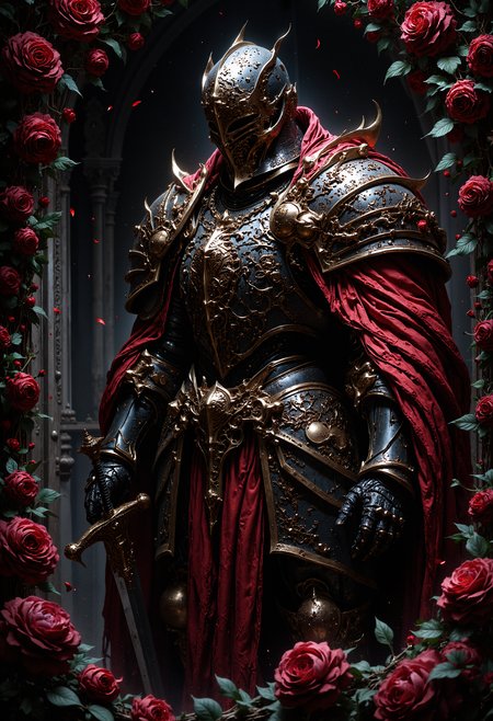 Medieval knight in full plate armor, standing in a side profile, covered with intricate ornate patterns, wearing a red tattered cloak, chainmail visible underneath, holding a sword by the hilt, dark and aged steel with gold accents, helmet with narrow eye slits, surrounded by deep red roses and green leaves, petals gently falling, dramatic shadows, dark and mysterious atmosphere, detailed texture of armor and cloak, moody and cinematic lighting, framed by a wall overgrown with roses.  <lora:FluxMythP0rtr4itStyle:0.8> MythP0rt,  <lora:flux_vividizer:0.6> <lora:FredFraiStyle-FLUX-Share:0.6>