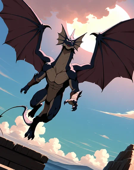 8K, In'ei, chiaroscuro, volumetric lighting, perfect depth of field shot, masterpiece, beautiful, sharp focus, crisp details, masterclass animation, source_anime, source_furry, furry_art, bara, kemono,
<lora:Pirate_Dragon_(Monster_Rancher)_(Illustrious)_(AD):1> Pirate_Dragon, Monster Rancher, dragon, 
exterior, blue green gradient sky with clouds, 
dynamic action, bent leg, dutch angle, 
wings, head turned to viewer to smile, glossy skin, 
EZRealPONYXL, zPDXL, Smooth Quality, lazynsfw,