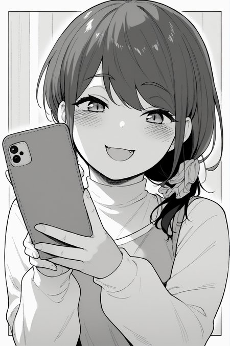 score_9, score_8_up, score_7_up, monochrome, manga_source, best background, detailed background, manga, grayscale   Kurumi, blush, cellphone, fang, holding, looking at viewer, open mouth, phone, smile, solo <lora:JN_Kurumi:0.8>