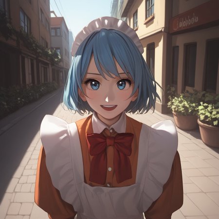 abbystea style, score_9, score_8_up, score_7_up, best quality, high detailed, BREAK
female, solo, long eyelashes, cute, 
Chikoi the Maid, maid, white maids headband, blue hair, short hair, blue eyes, Red bow tie, orange maid suit
looking at you,
scenery porn, outdoors,
sunlight, high angle, face focus, background tokyo streets, saturated colors, smile, open mouth