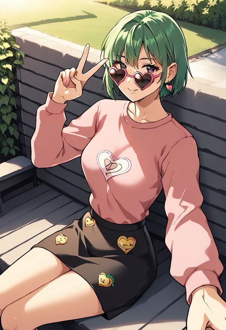 score_9, score_8_up, score_7_up, source_anime, official artstyle, by Ichan01, 1girl, solo, green hair, medium hair, bob hairstyle, bangs, beautiful, black eyes, sitting, posing, taking a selfie, heart shaped sunglasses, v, emoji print skirt, pink blouse, long sleeves, outdoors, park, sunset, detailed face