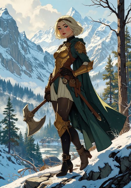 Anime art, Full-length, gorgeous fantasy blonde, naturally straight short platinum hair, tiara, tight golden armor, standing on a hill. Full, high breasts, tight waist, round thighs, blue eyes, no blush. Backdrop of fantasy highlands in winter, bright and cold winter colors, icy lakes and wooded areas, mixture of evergreen and deciduous, pixie hairstyle, diffused lighting, determined facial expression, intricate armor details. holding Two- handed Axe <lora:aidmaMJ6.1_v0.5_3:0.5>,  <lora:Anime Art V3_Flux:0.5>