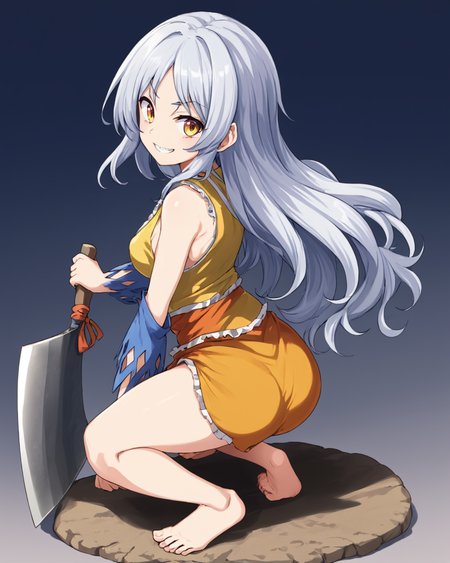 sakata nemuno,1girl, solo, multicolored_dress, detached_sleeves, barefoot, sharp_teeth, single_strap, grin, cleaver, looking_at_viewer, nata_\(tool\), bare_shoulders, colored_eyelashes, weapon, squatting, full_body, looking_back, one_knee, yellow_dress, medium_breasts
<lora:sakata_nemuno_image573_2023-12-20-000015:1>,star-shaped_pupils,symbol-shaped_pupils,. gorgeous,key visual, vibrant, studio anime,award-winning, professional, highly detailed,high budget, cinemascope