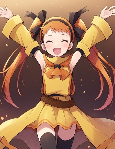 <lora:DHERivieralyuri_SDXL_Illustrious01_fp16_ver02:1>,DHERivieralyuri, 1girl, solo,twintails, orange eyes, orange hair, hairband, hair ribbon, detached sleeves, dress,skirt, belt, black thighhighs, cowboy shot, open arms,smile,closed eyes, open mouth,, masterpiece, best quality, very aesthetic, absurdres,<lora:detailed_hands:1>,hand