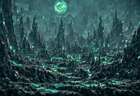 A beautiful landscape at night on an alien world, dramatic lighting, large moon in the sky, jade rocks, waterfalls, deep crevices, uhd, ultra-detailed, photography, f/8 photo, monoprone, nmskyrim