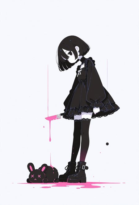incredibly absurdres, highres, masterpiece, newest,best quality, very aesthetic, absurdres, newest, 8k, HDR, focused subject, oc-chan_(ketopon), 1girl, solo, black hair, bob cut, hair between eyes, black eyes, solid eyes, expressionless, standing, head down, from side, profile, foreshortening, (looking at viewer:1.1), pale skin, goth fashion, frilled dress, high collard,lace trim, square neckline, black tighhighs, zettai ryouiki, ankle boots, stuffed animal, holding knife, on floor, x_x, dead animal, death, murder,stabbed animal, pink blood puddle, full body, monochrome, solid white background, intricate, no lineart, no outline,minimalism, blending, 15546+456868, r17329_illu,flatline,sometyome_illu,